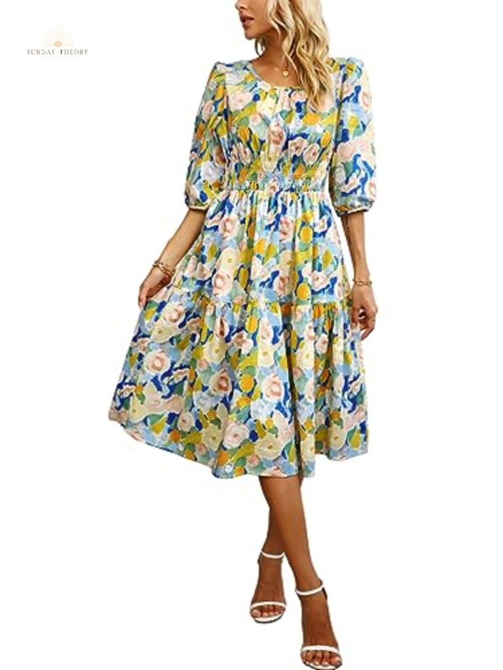 Women Boho Floral Smocked Waist Tiered A-Line Flowy Midi Dress